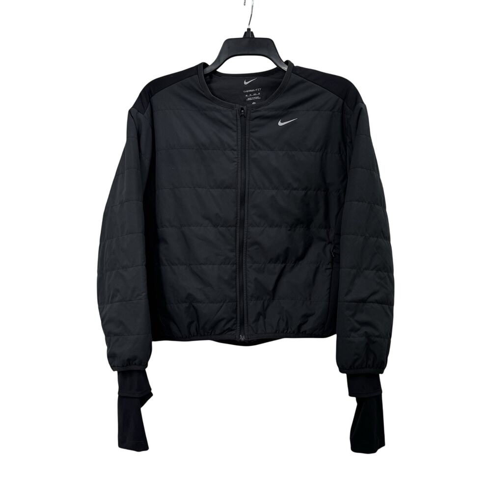 Nike THERMA-FIT Gray Black Quilted Full Zip Jacket Thumbholes Womens XS